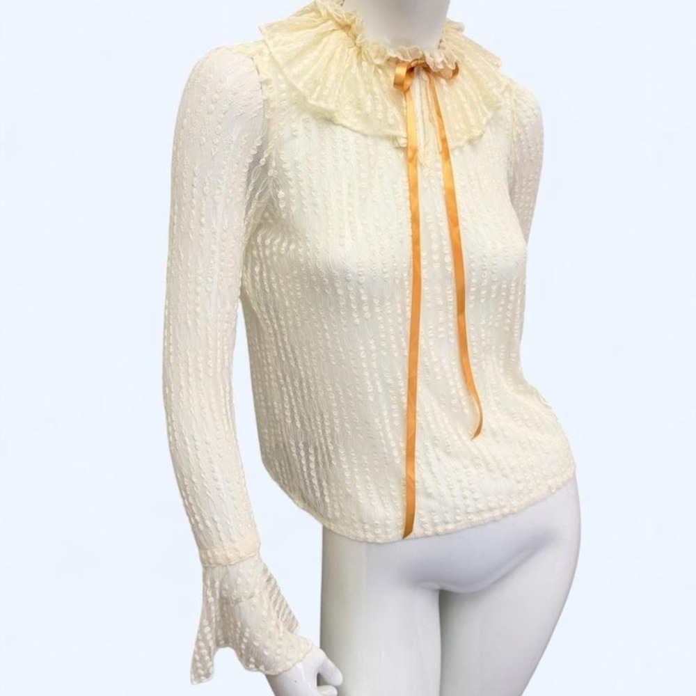 Sheer Lace Coquette Blouse Ivory Mesh Balletcore Ribbon Top‎ Womens S - Picture 3 of 8